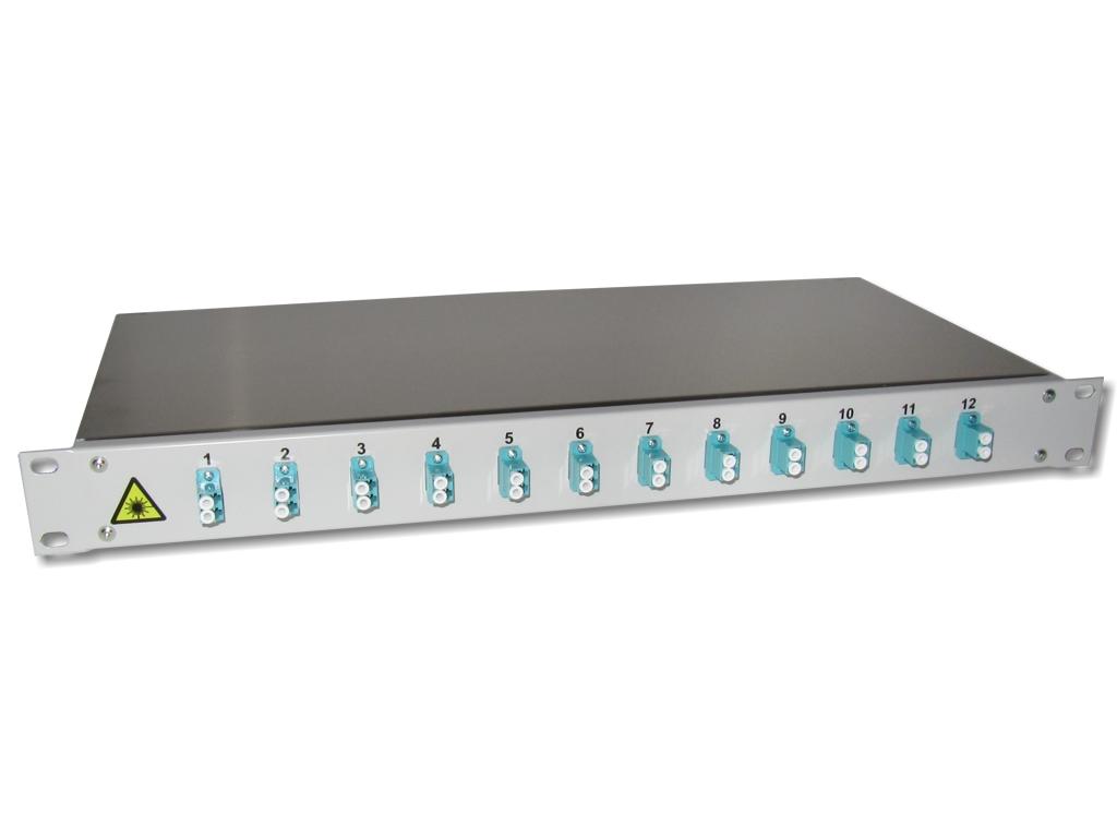 19" LWL Patchpanel 1HE 12xLC-duplex 50/125µm OM3 komplett spleißfertig mit Kupplungen und Pigtails bestückt