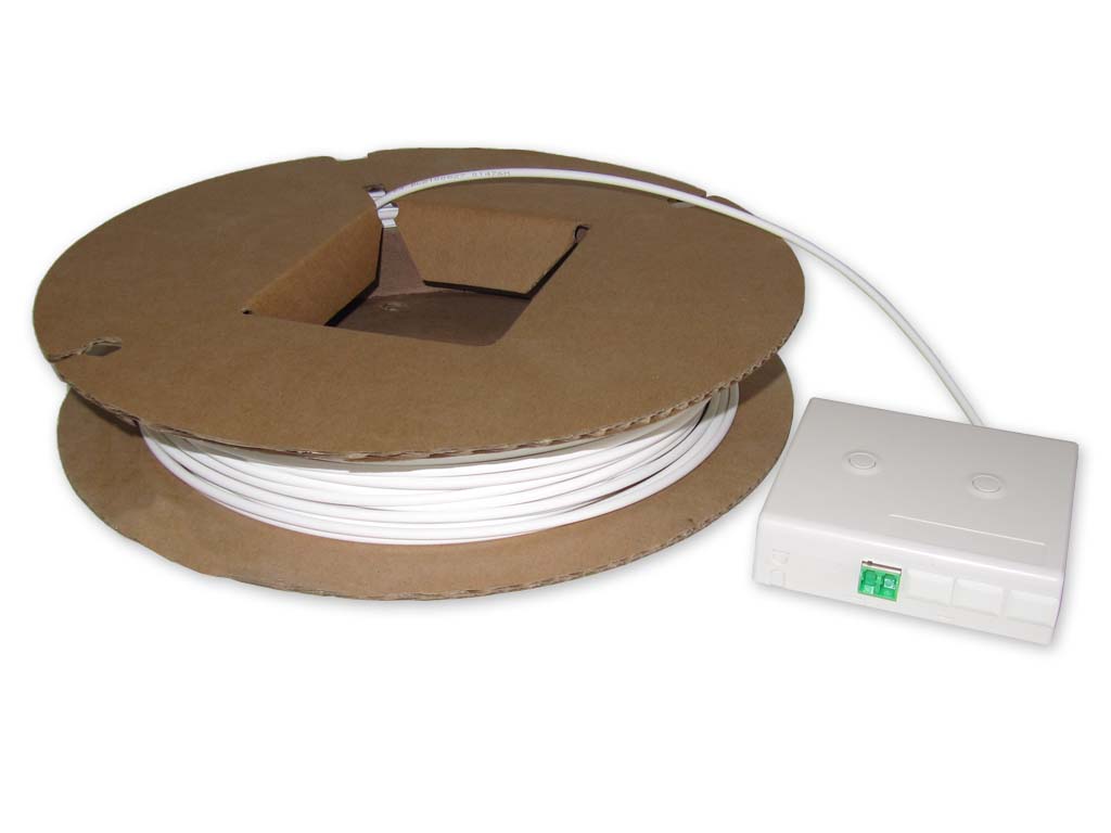 FTTH Set Dropkabel auf Spule mit 4x LC/APC konfektionert + FTTH Dose + 1x LC APC duplex Kupplung mit Shutter
