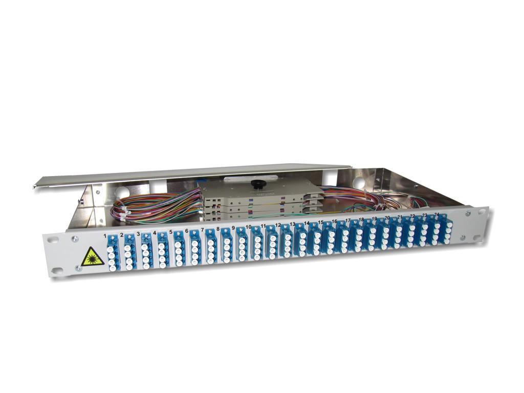 19" LWL Spleißbox 1HE 24x LC quad 9/125µm OS2 komplett spleißfertig mit Kupplungen und Pigtails bestückt
