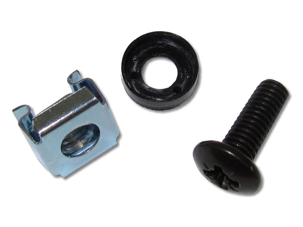 10er Pack  - 19" Befestigungssatz schwarz (Set: Schraube M6, Unterlegscheibe, Käfigmutter M6)