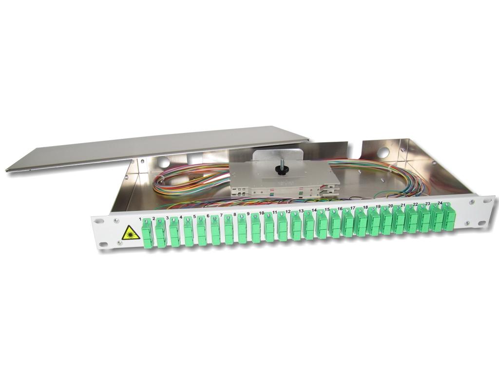 19" LWL Spleißbox 1HE 24 SC/APC-duplex 9/125µm OS2 komplett spleißfertig mit Kupplungen und Pigtails bestückt