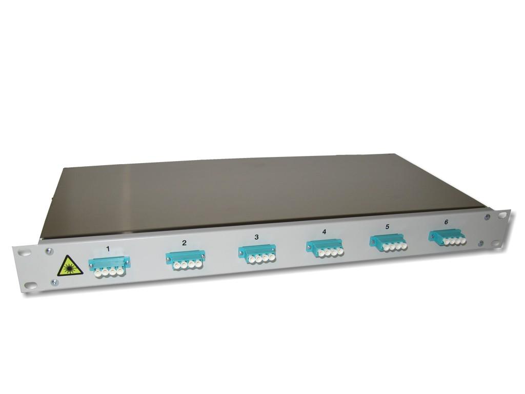 19" LWL Patchpanel 1HE 6x LC quad 50/125µm OM3 komplett spleißfertig mit Kupplungen und Pigtails bestückt