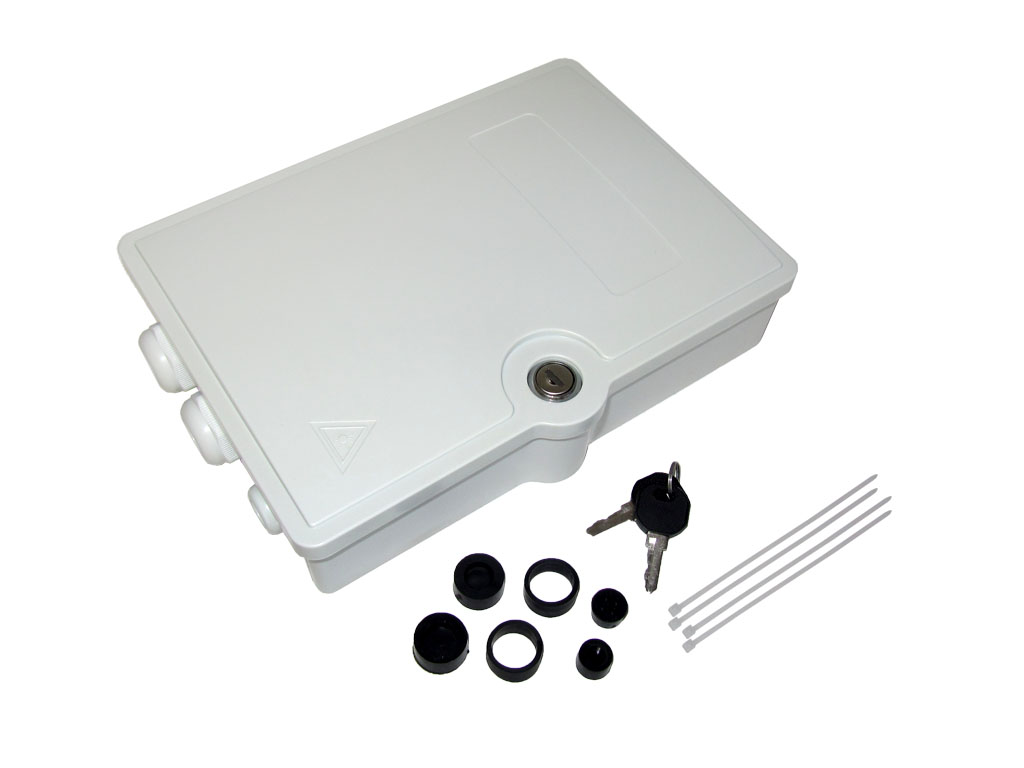 LWL FTTH Hausverteiler IP55 für 24 Fasern und 6 SC duplex oder LC Quad Kupplungen