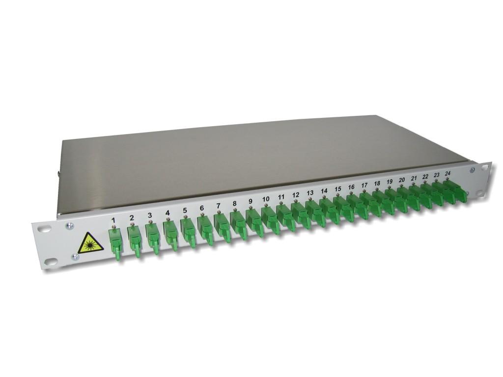 19" LWL Patchpanel 1HE 24 LSH/APC HRL simplex 9/125µm OS2 komplett spleißfertig mit Kupplungen und Pigtails bestückt