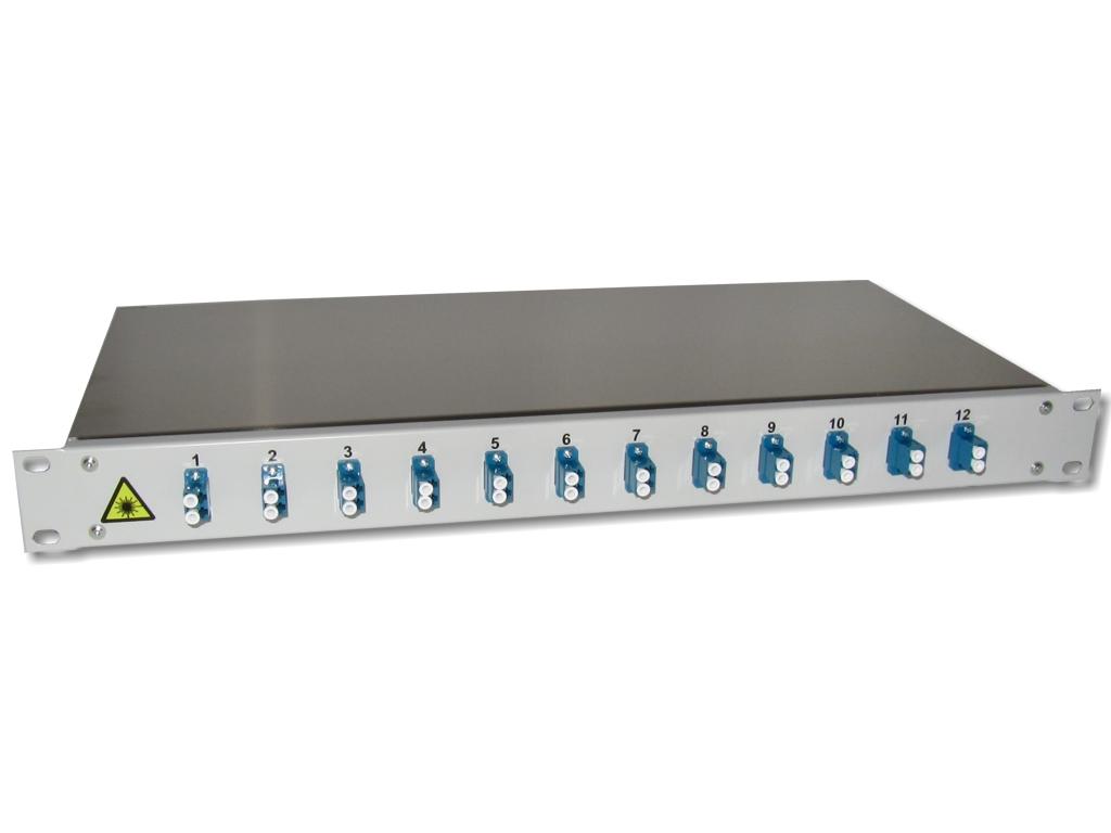 19" LWL Patchpanel 1HE 12xLC-duplex 9/125µm OS2 komplett spleißfertig mit Kupplungen und Pigtails bestückt
