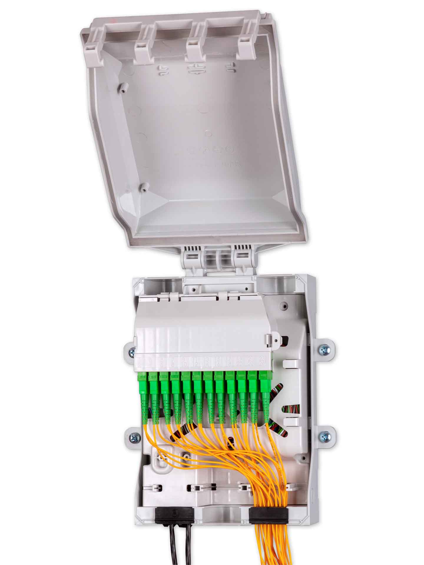 LWL FTTH Wandverteiler IP65 für 12x SC-duplex bzw. LC-quad Kupplungen bis 48 Spleiße