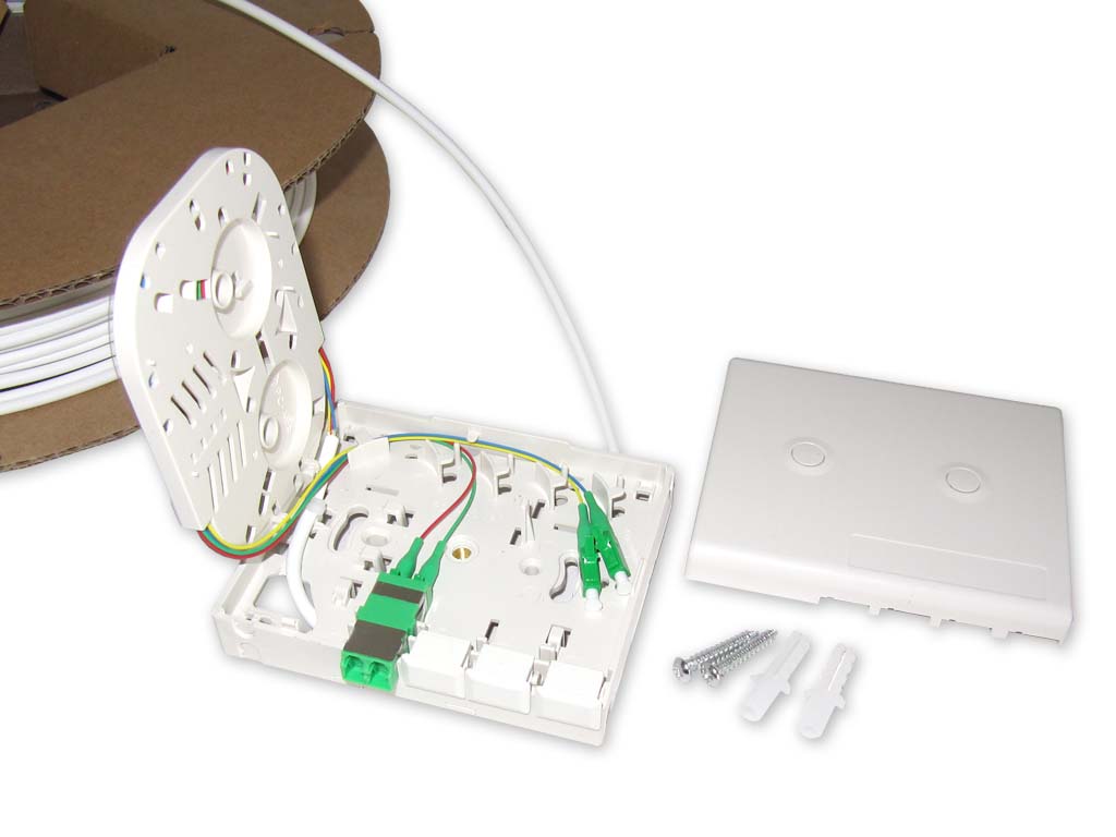 FTTH Set Dropkabel auf Spule mit 4x LC/APC konfektionert + FTTH LWL Dose + 1x LC APC duplex Kupplung mit Shutter