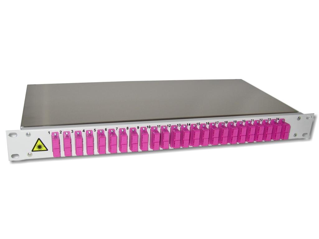 19" LWL Spleissbox 1HE 24xSC-duplex 50/125µm OM4 komplett spleißfertig mit Kupplungen und Pigtails bestückt