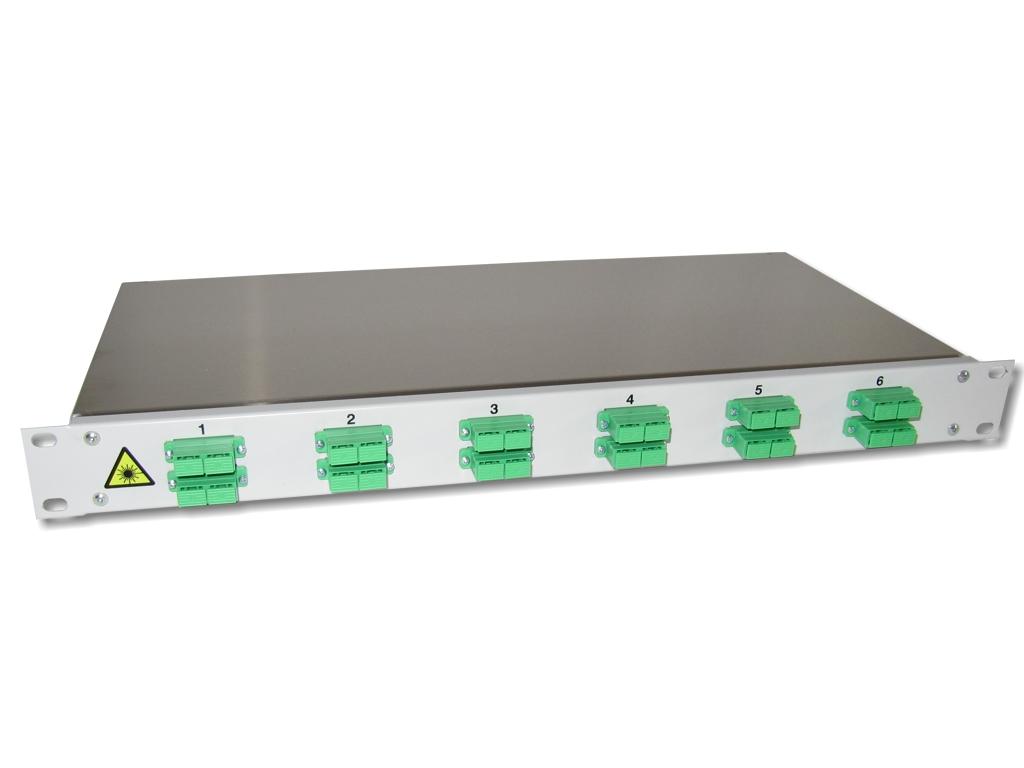19" LWL Panel 1HE 12xSC/APC-duplex 9/125µm OS2 komplett spleißfertig mit Kupplungen und Pigtails bestückt