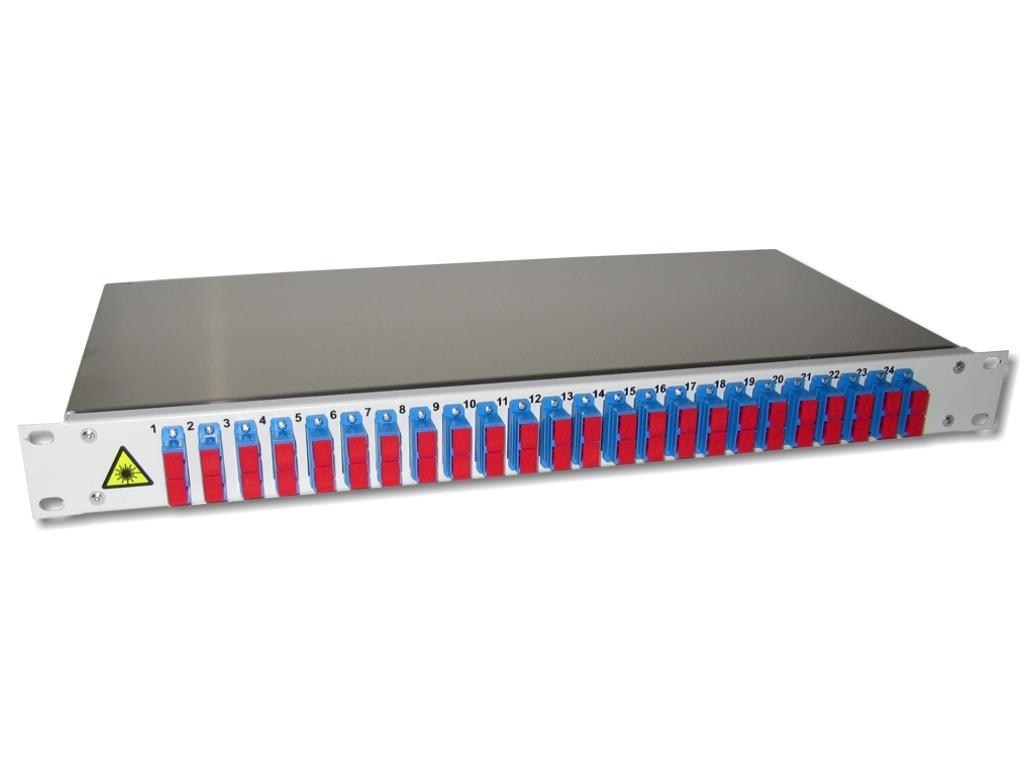 19" LWL Panel 1HE 24xSC-duplex 9/125µm OS2 komplett spleißfertig mit Kupplungen und Pigtails bestückt