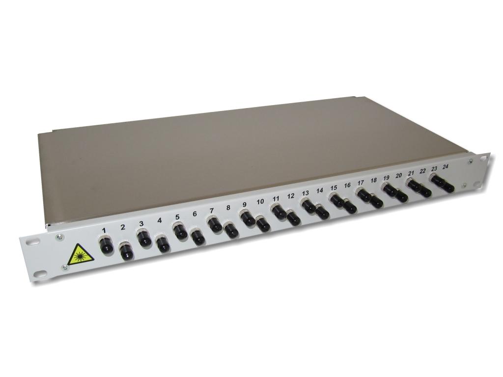 19" LWL Patchpanel 1HE 24xST 50/125µm OM4 komplett spleißfertig mit Kupplungen und Pigtails bestückt