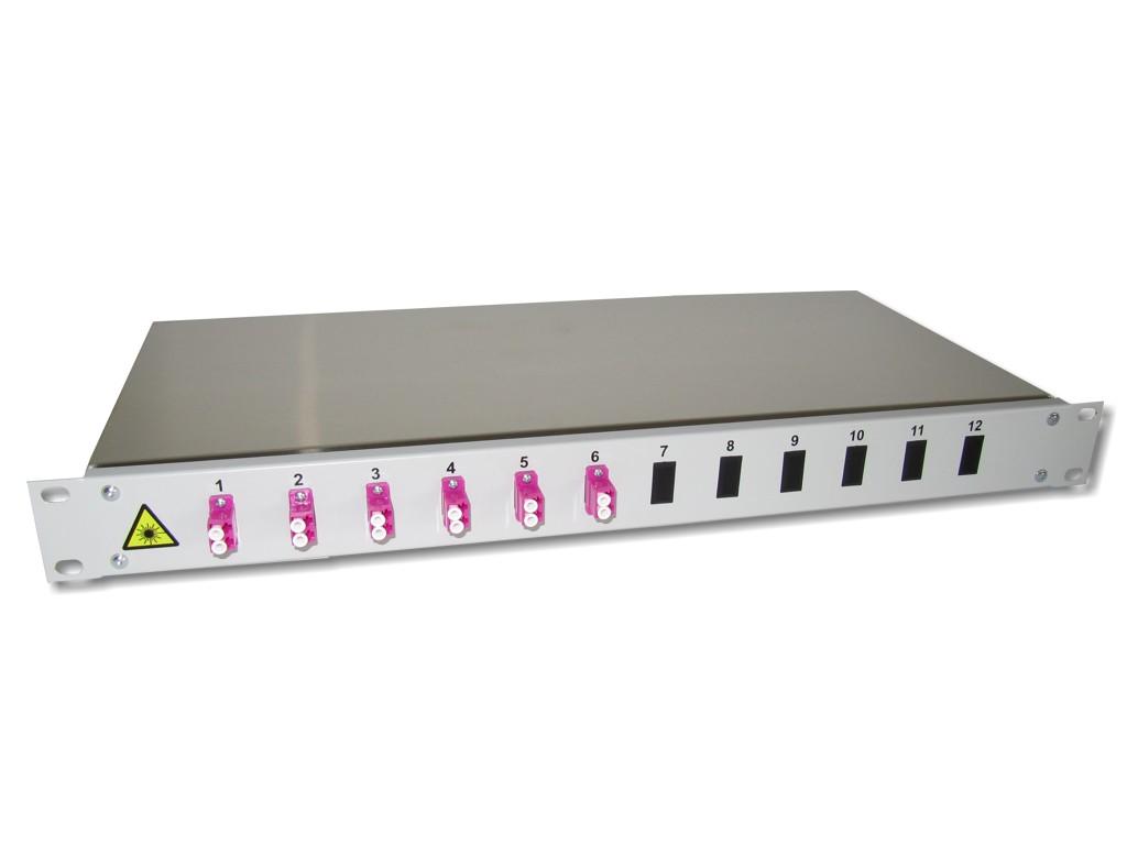 19" LWL Spleißbox 1HE mit 6x LC duplex multimode Kupplungen erikaviolett OM4 bestückt