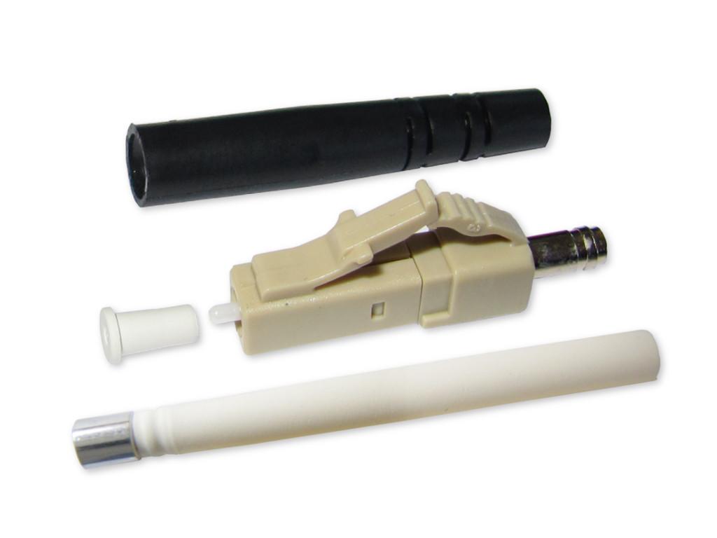 LC simplex Stecker multimode beige für 2mm Kabel mit schwarzem Knickschutz