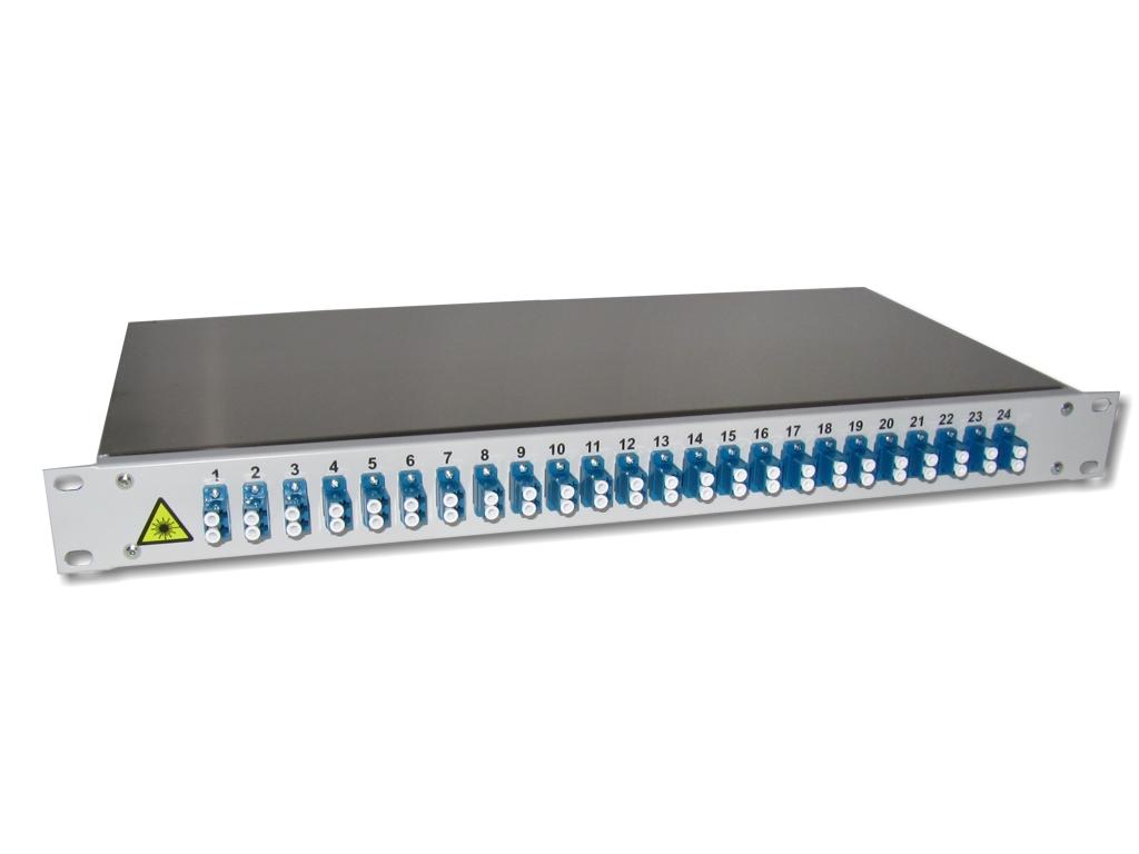 19" LWL Spleißverteiler 1HE 24xLC-duplex 9/125µm OS2  komplett spleißfertig mit Kupplungen und Pigtails bestückt
