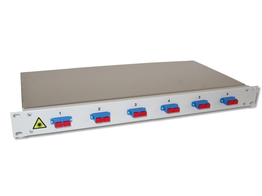 19" LWL Patchpanel 1HE 6xSC-duplex 9/125µm OS2 komplett spleißfertig mit Kupplungen und Pigtails bestückt