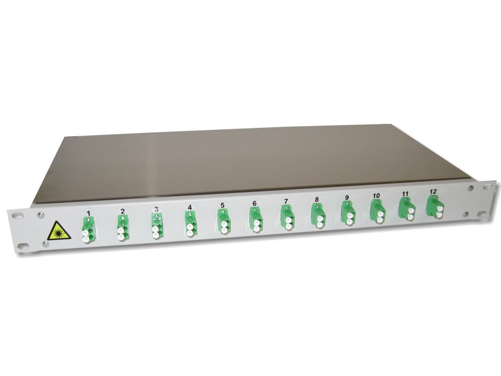 19" LWL Patchpanel 1HE 12 x LC/APC-duplex 9/125µm OS2 komplett spleißfertig mit Kupplungen und Pigtails bestückt