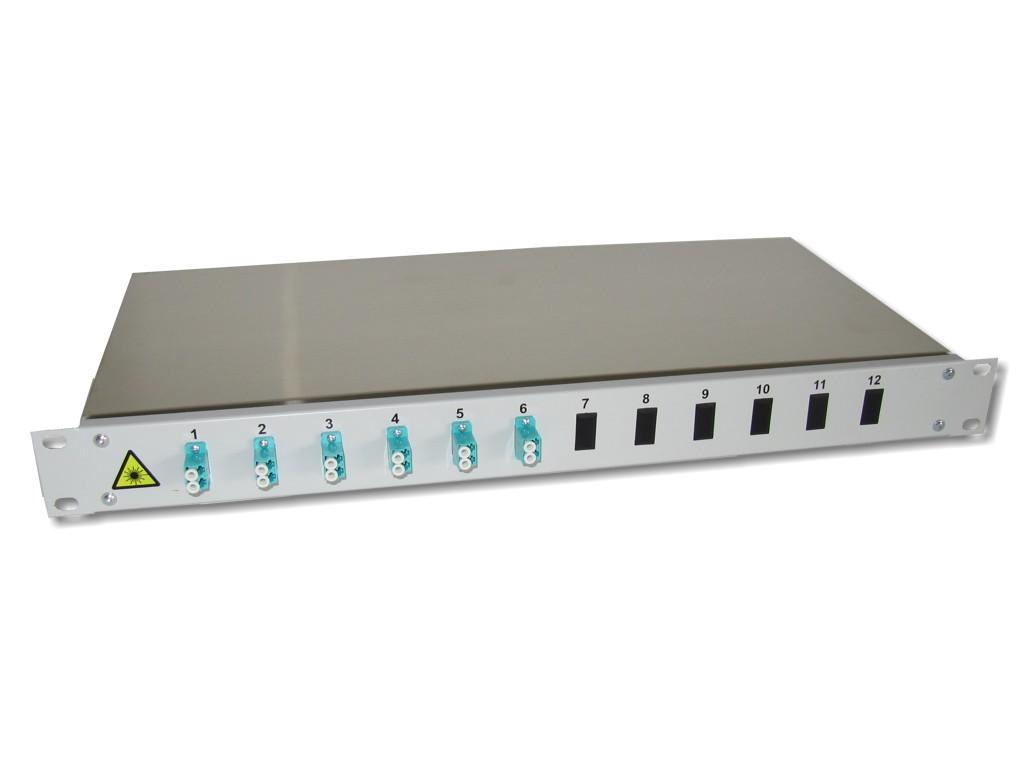 19" LWL Spleißbox 1HE mit 6 LC duplex multimode Kupplungen aqua OM3 bestückt