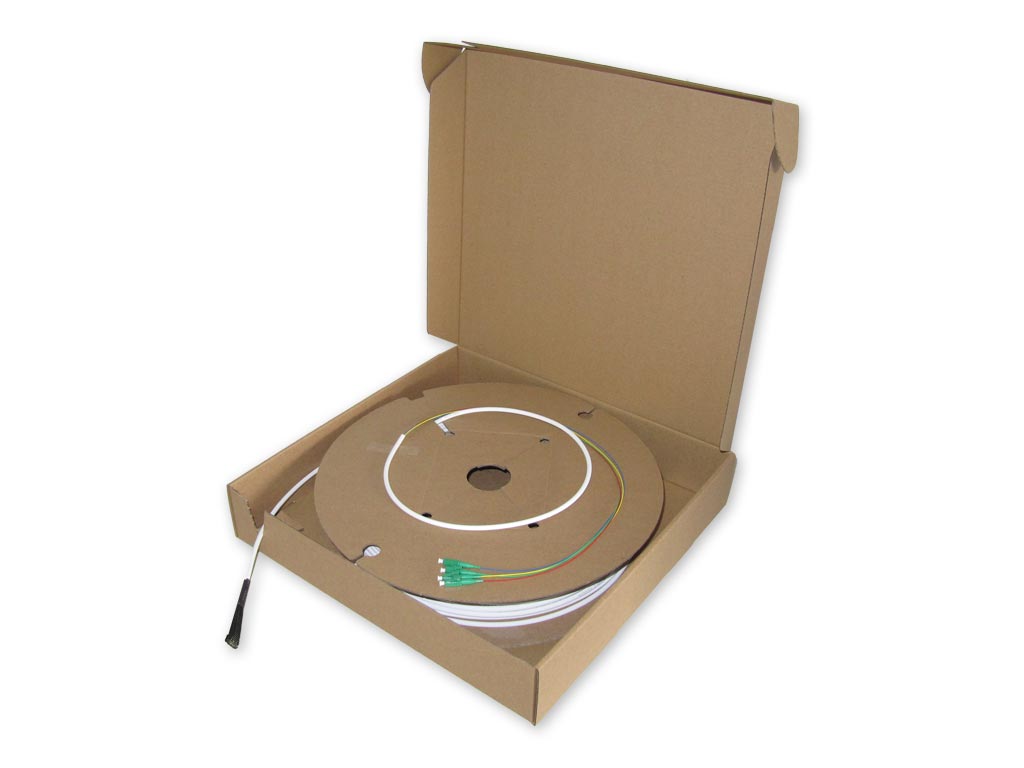 FTTH Dropkabel auf Spule konfektioniert mit 4 LC APC pizzabox